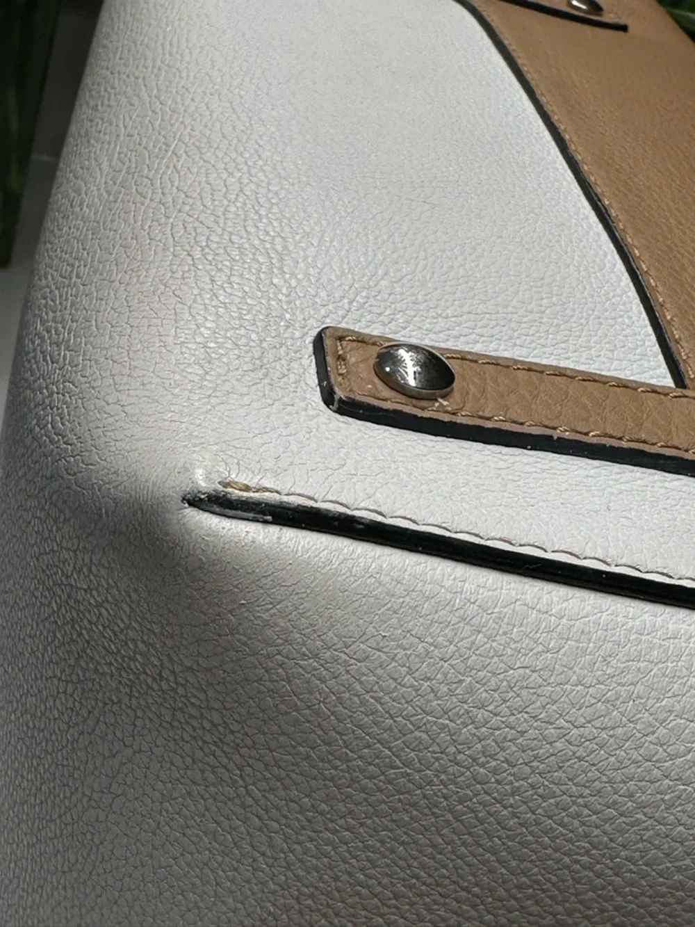 Burberry Tan White Leather Tote with Dark Green Handles